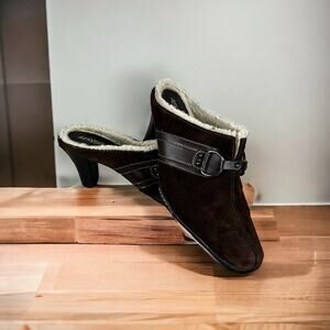 Aerosoles Women's 7 Brown Leather Faux Fur Winter Mule Pumps, shoes